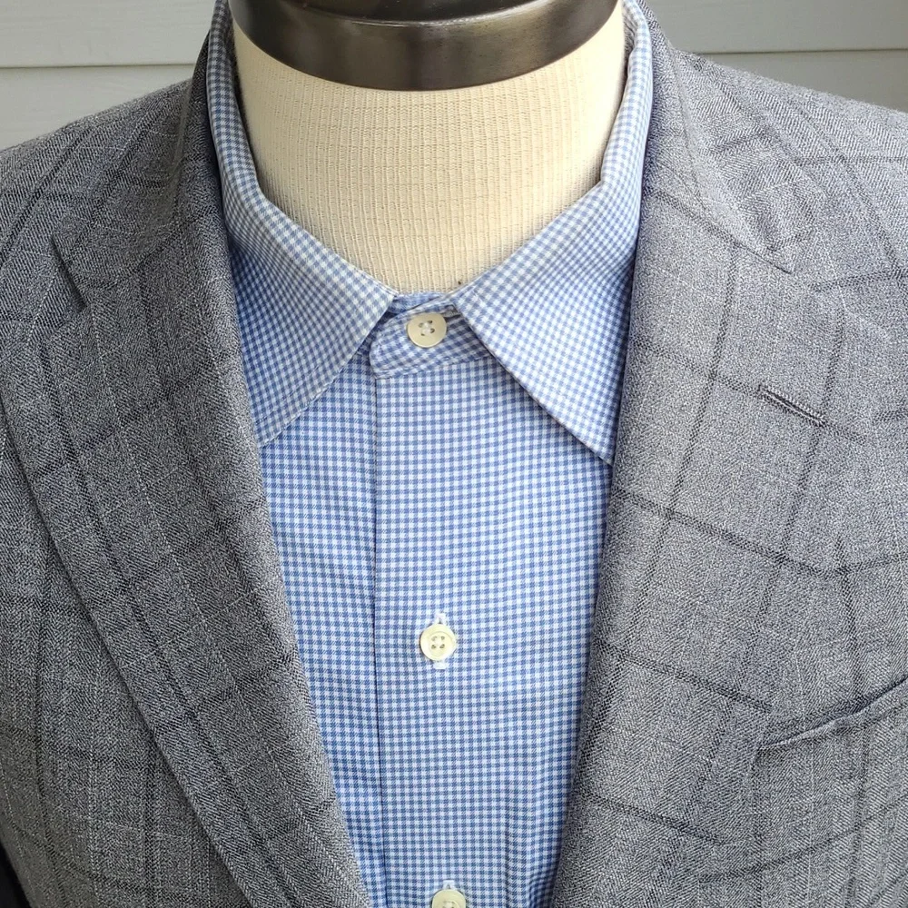 HICKEY FREEMAN Beacon Grey Plaid Worsted Wool Silk Blend 38 R Sport Coat Blazer - Picture 2 of 10